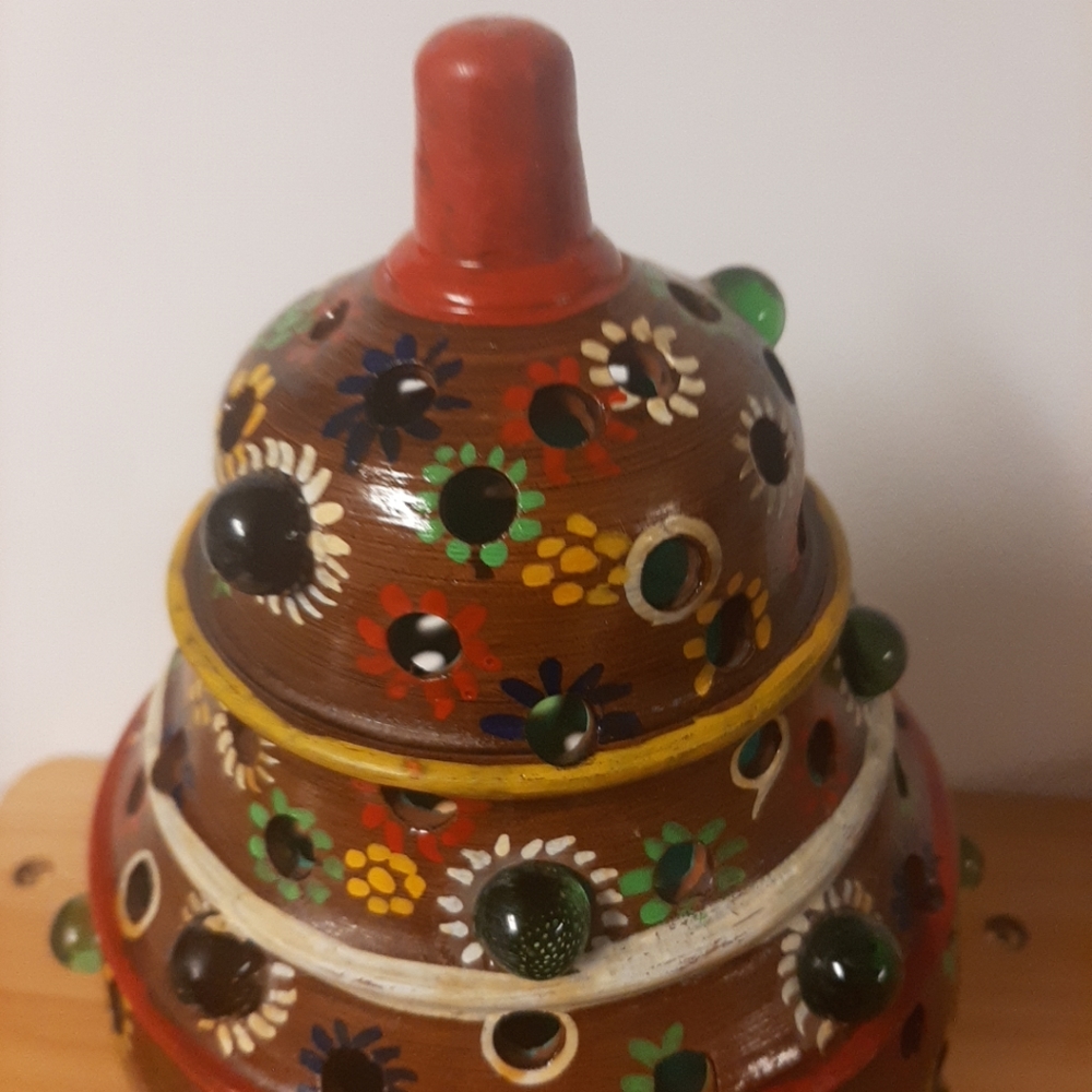 Vintage Folk Art Clay Luminaria Lantern Bejeweled Marble